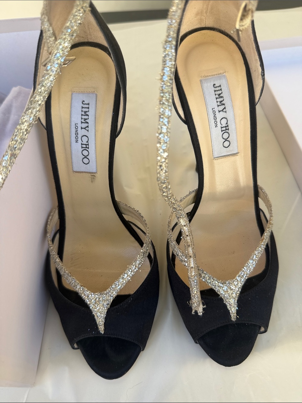 Jimmy Choo Black Satin Peep-Toe Heels with Gold Glitter Straps